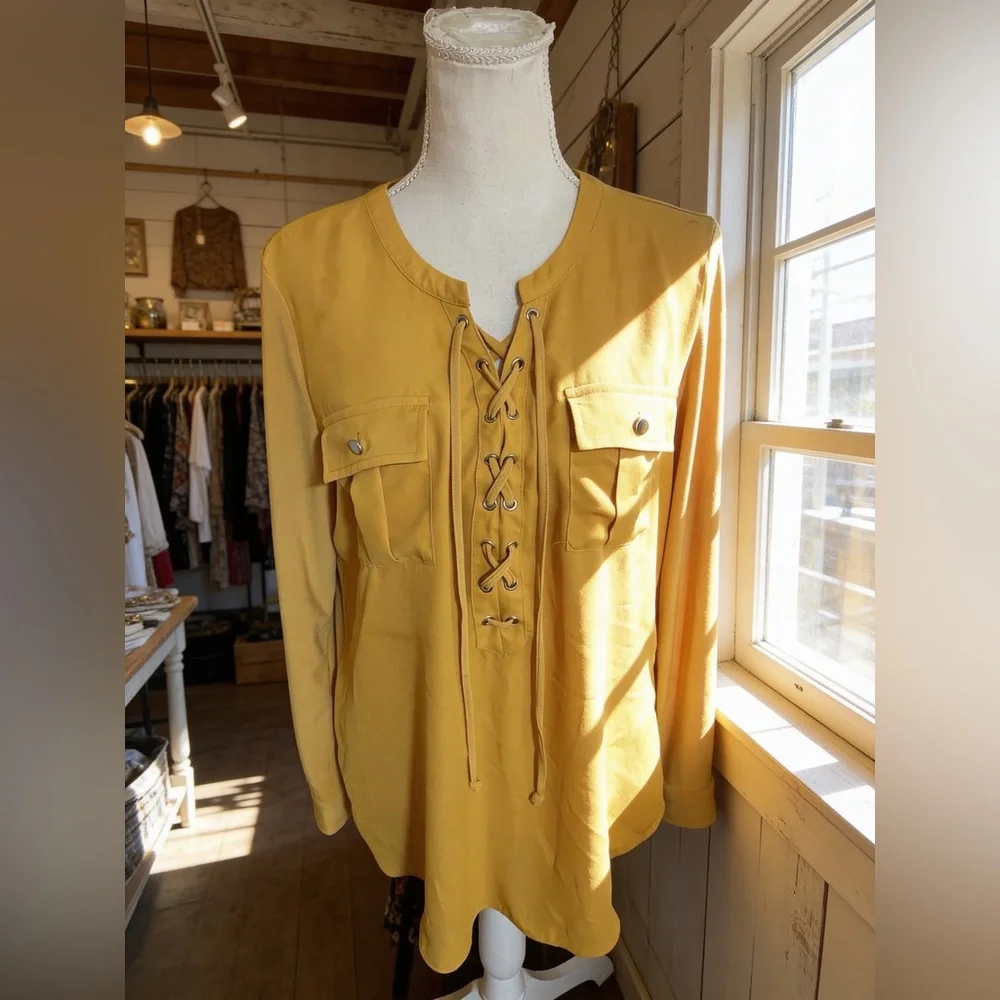 Nygard lace up blouse long roll up tab sleeve MEDIUM marigold pockets spandex - Picture 3 of 16